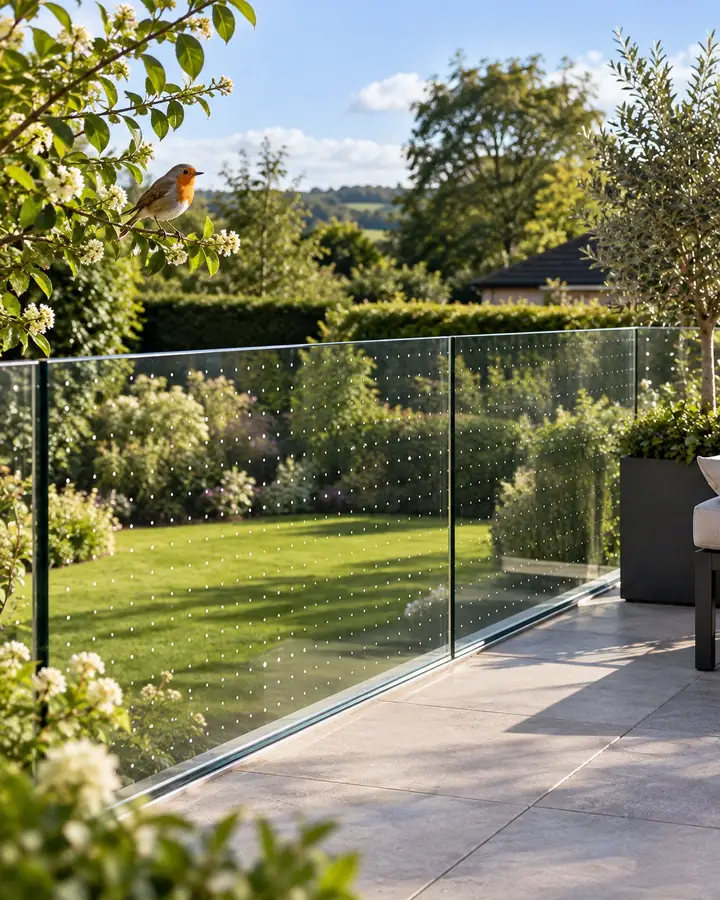 Glass balustrade with a discreet dot pattern film and a robin nearby