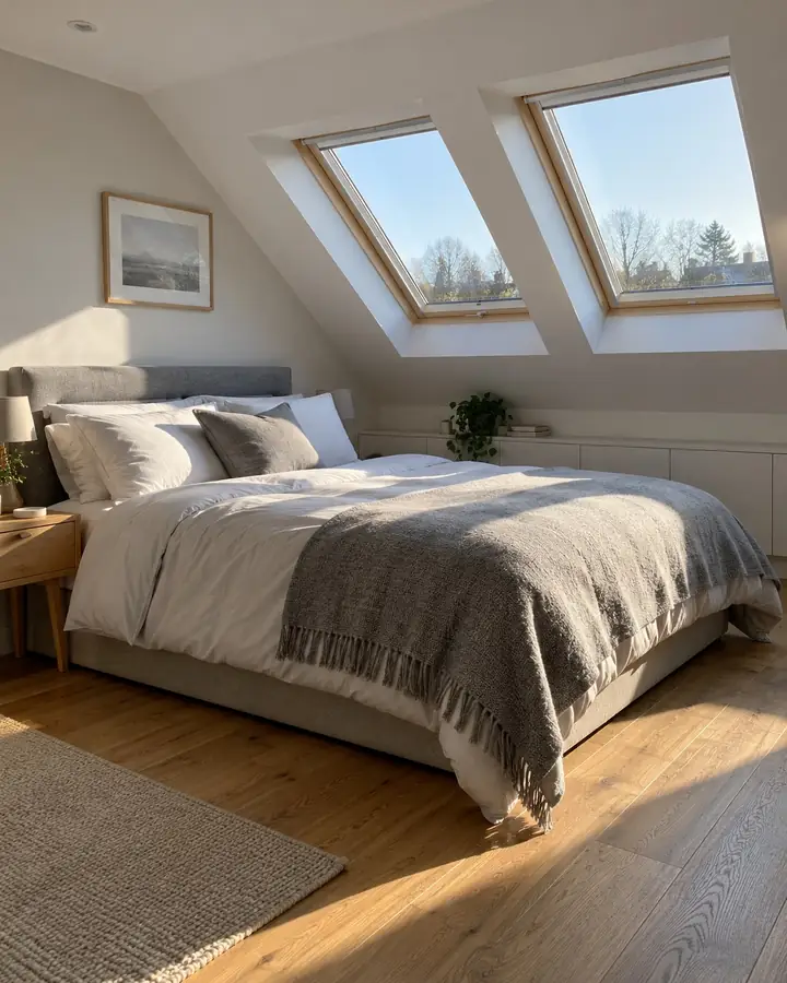 Loft bedroom with two roof windows and sunlight on the bed