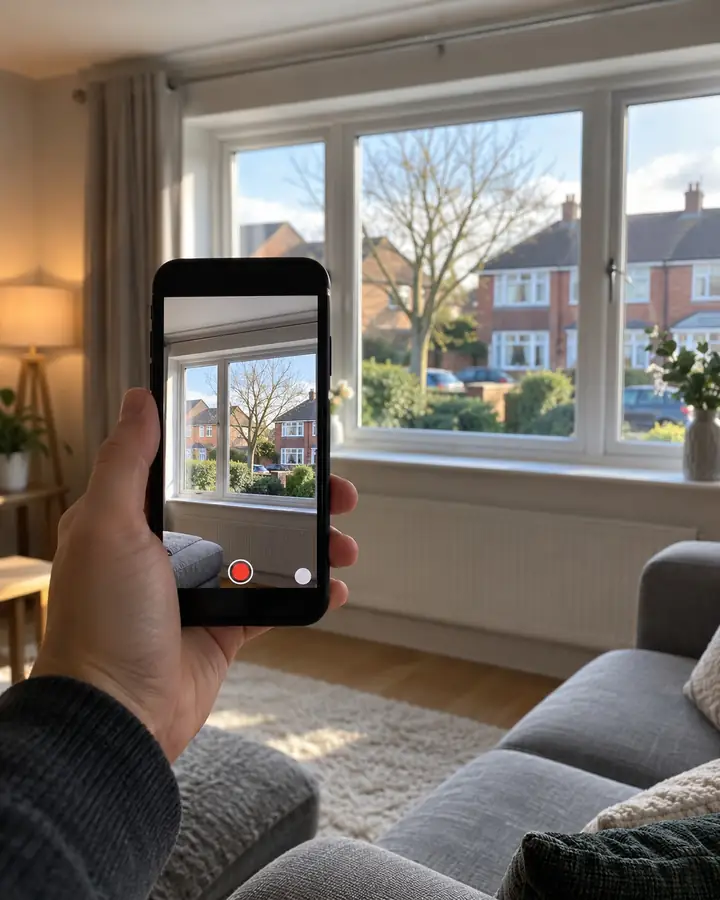 Phone filming a living room window to send for a quote