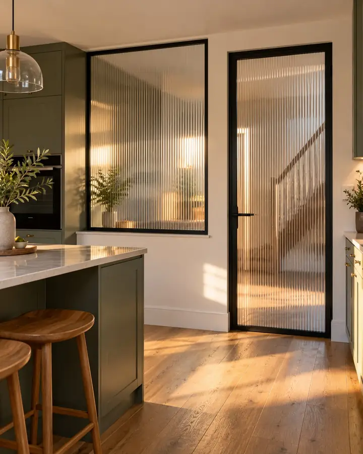 Kitchen with a glazed door and partition finished in reeded film