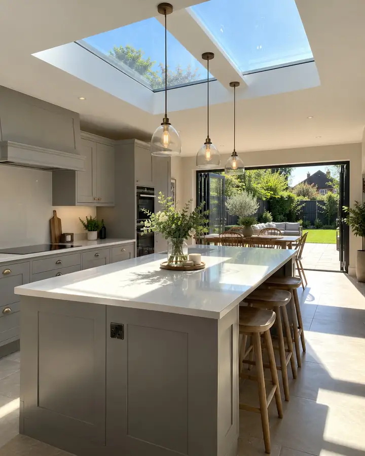 Sun shining through flat skylights onto a kitchen island