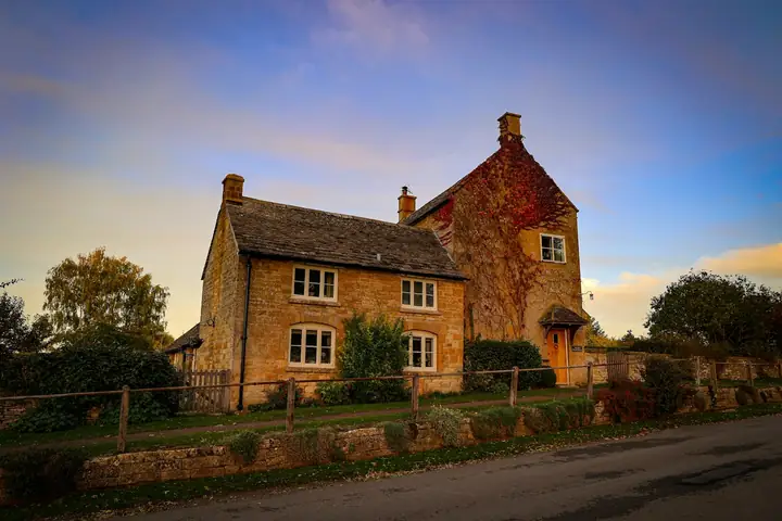 Stone farmhouse at dusk
