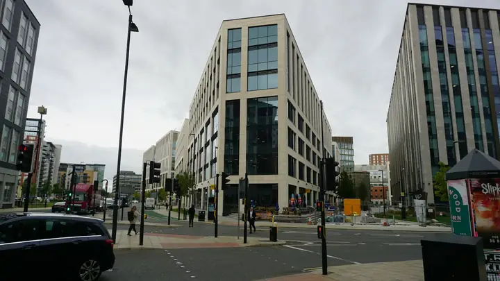 Modern office buildings on a city street